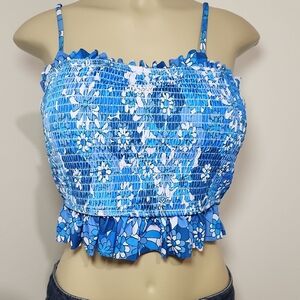 Blue Floral Smocked One Piece Swimsuit Spaghetti Strap Saze XL